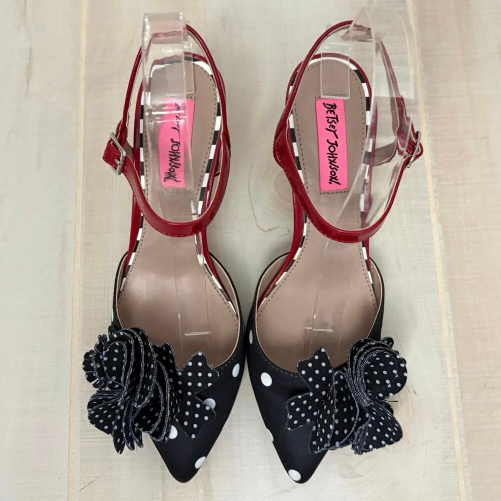 Betsey Johnson Neena Polka Dot Floral Ankle Strap Heels Sz 6.5 Pinup Rockabilly - Picture 5 of 11